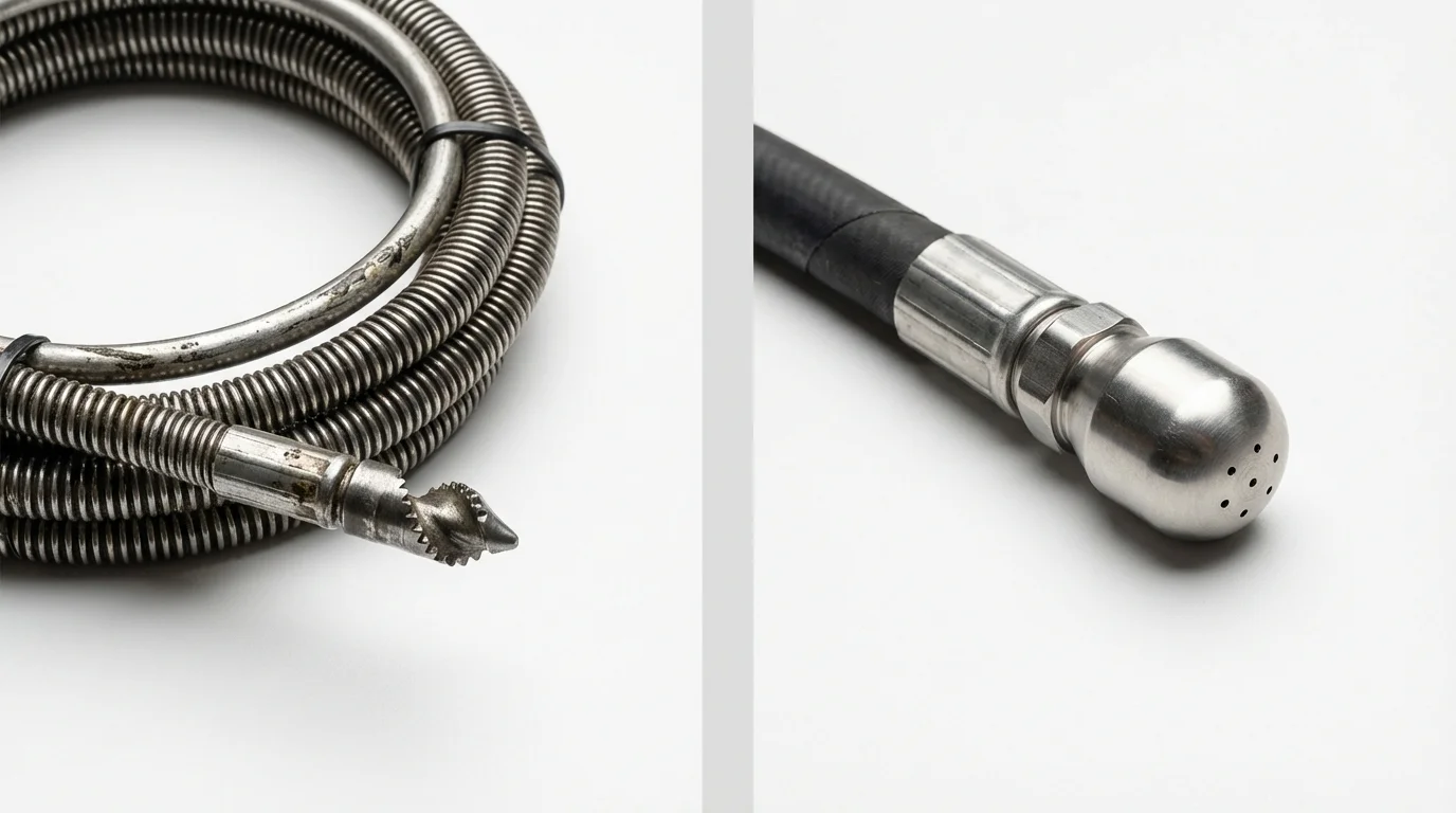 Drain snake cable and hydro jetting nozzle used for drain cleaning in Lafayette, CA