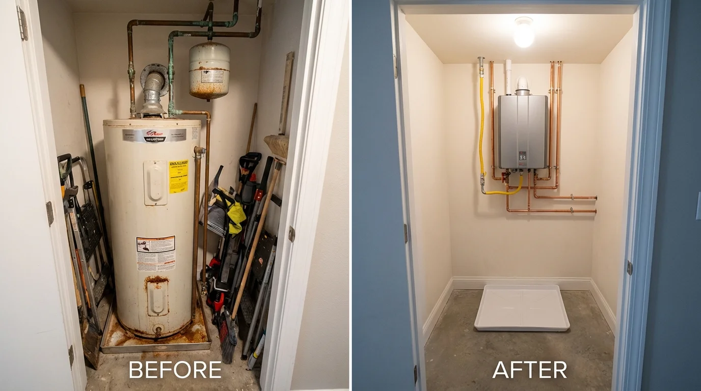 Tank water heater versus wall-mounted tankless unit comparison for Lafayette, CA homeowners