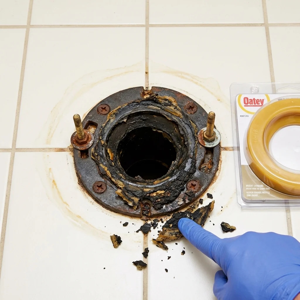 Failed wax ring showing water seepage at the base of a toilet in a Lafayette, CA home
