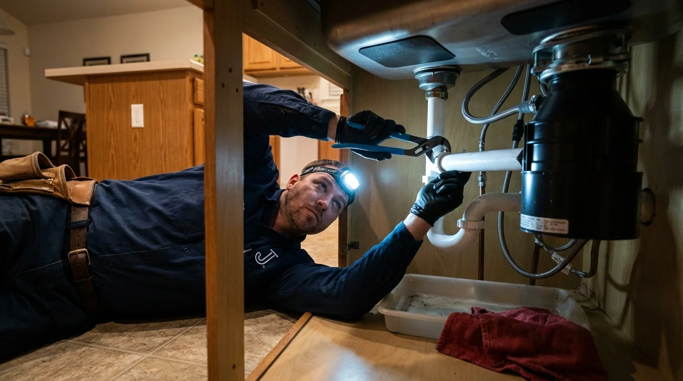 P-trap and supply line connections under a kitchen sink showing a common leak point in Lafayette, CA
